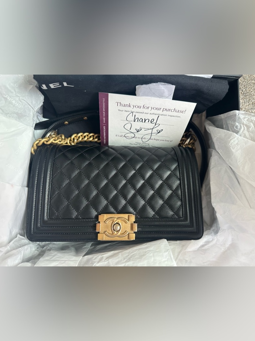 Authentic CHANEL Black Quilted Caviar Leather Boy Bag with Gold Hardware